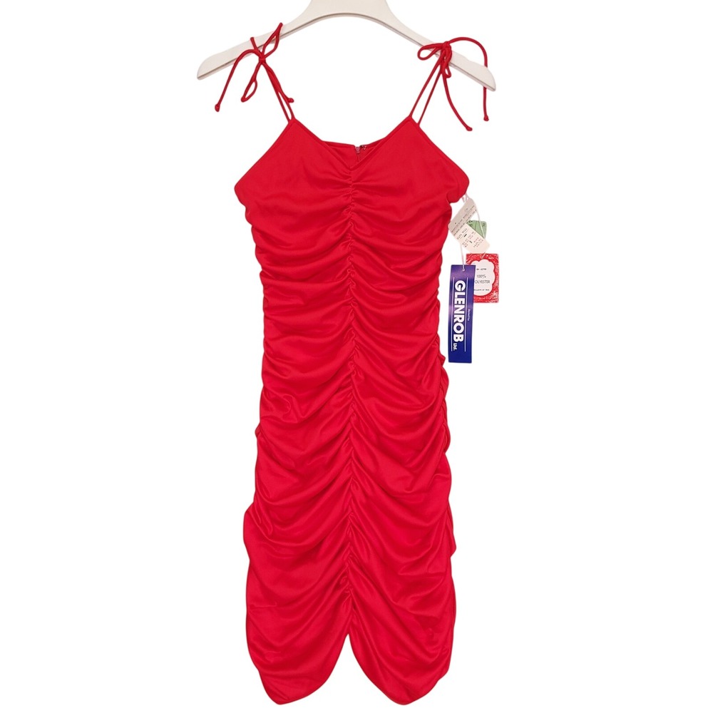 Glenrob Vintage 80s Red Ruched Bodycon Dress Tie Straps Sz 9-10 NWT Homecoming